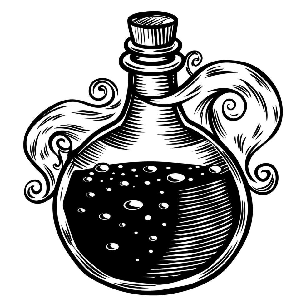 Intricate potion bottle illustration with magical winged design, bubbles indicating alchemical process vector