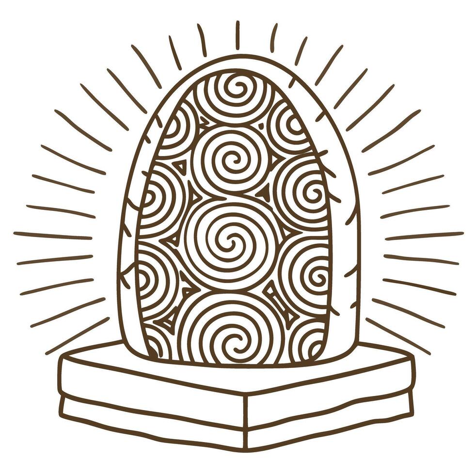 Decorative stone with intricate spiral carvings and radiant lines, symbolizing ancient artistry vector