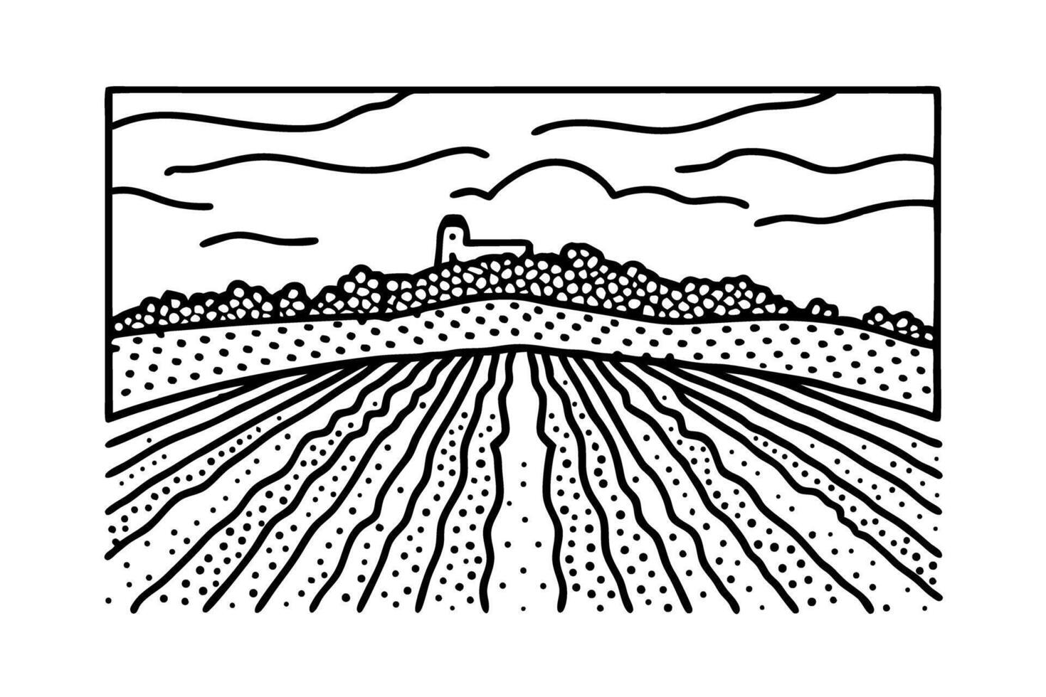 abstract landscape illustration with distant building and patterned fields under cloudy sky vector