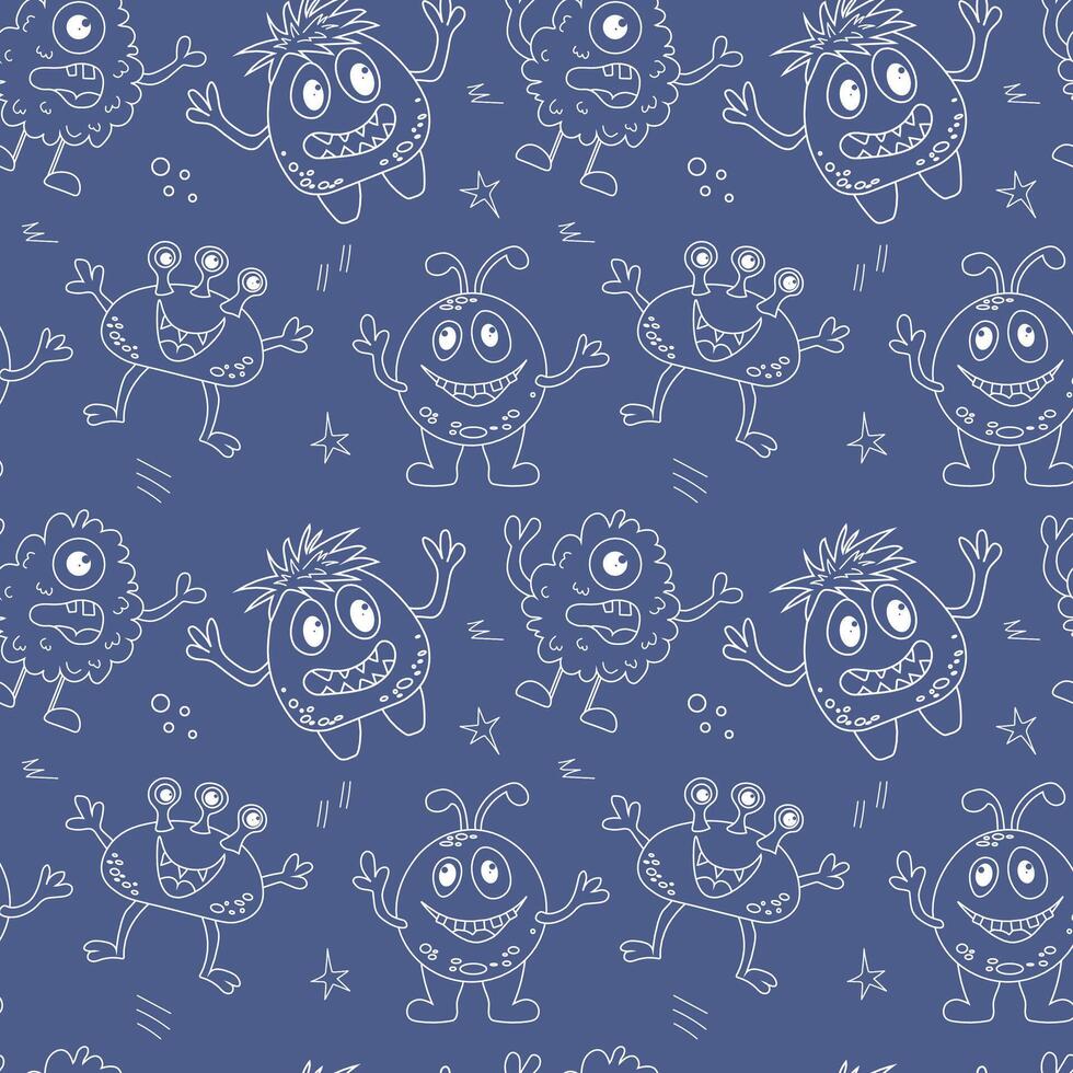 Seamless pattern with doodle monsters on a blue background. Cute aliens drawn by hand. Perfect for kids textile, wrapping paper. vector