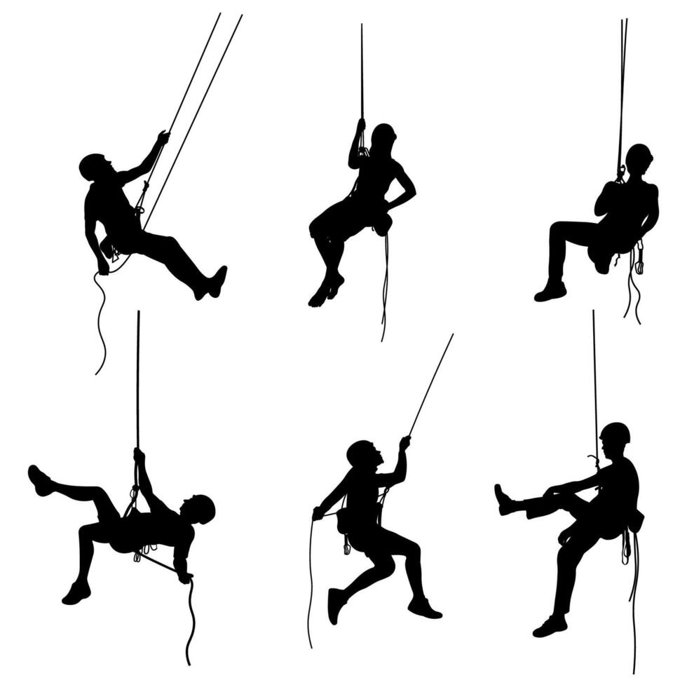 Set of Rock Climbing Silhouettes with Rope on White Background vector
