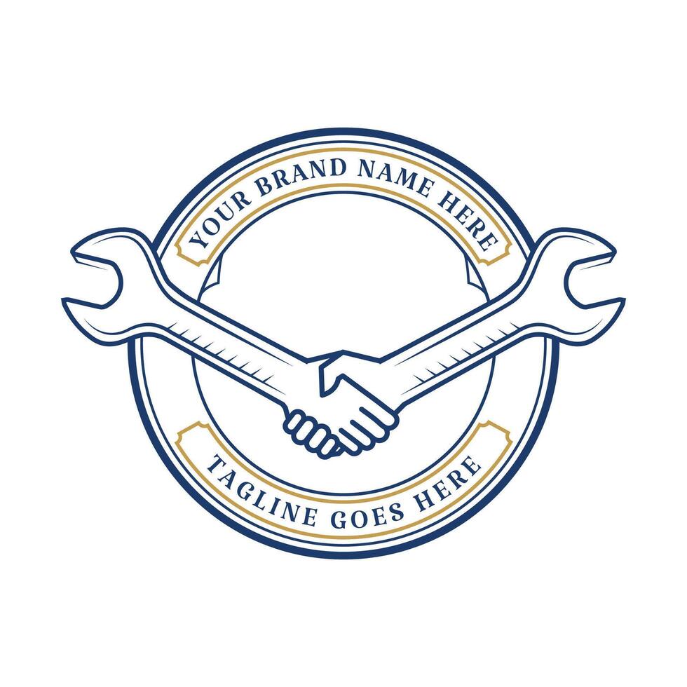 Vintage Retro Hand Wrench Spanner Handshake Badge Emblem for Auto Garage Custom Workshop Icon Illustration Design vector