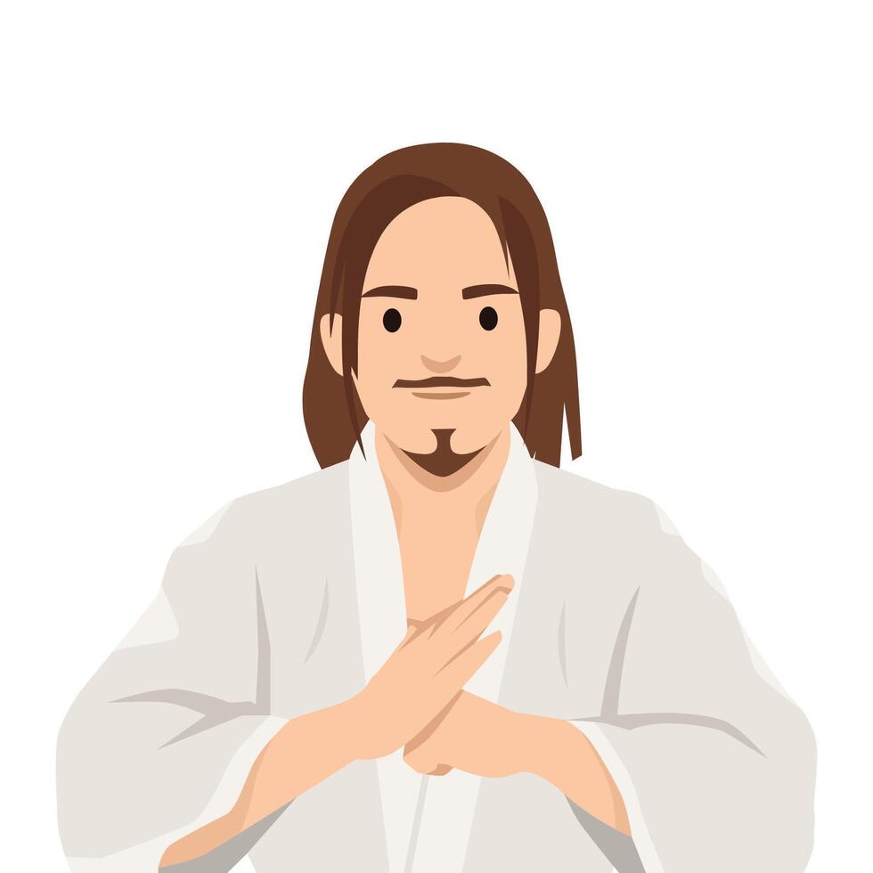 Man in a traditional martial arts uniform stands calmly with a respectful hand gesture. vector