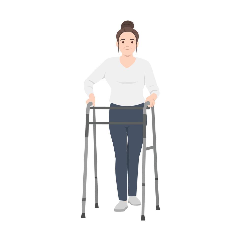 Woman confidently walks with the aid of a walking frame, showing independence mobility assistance. vector