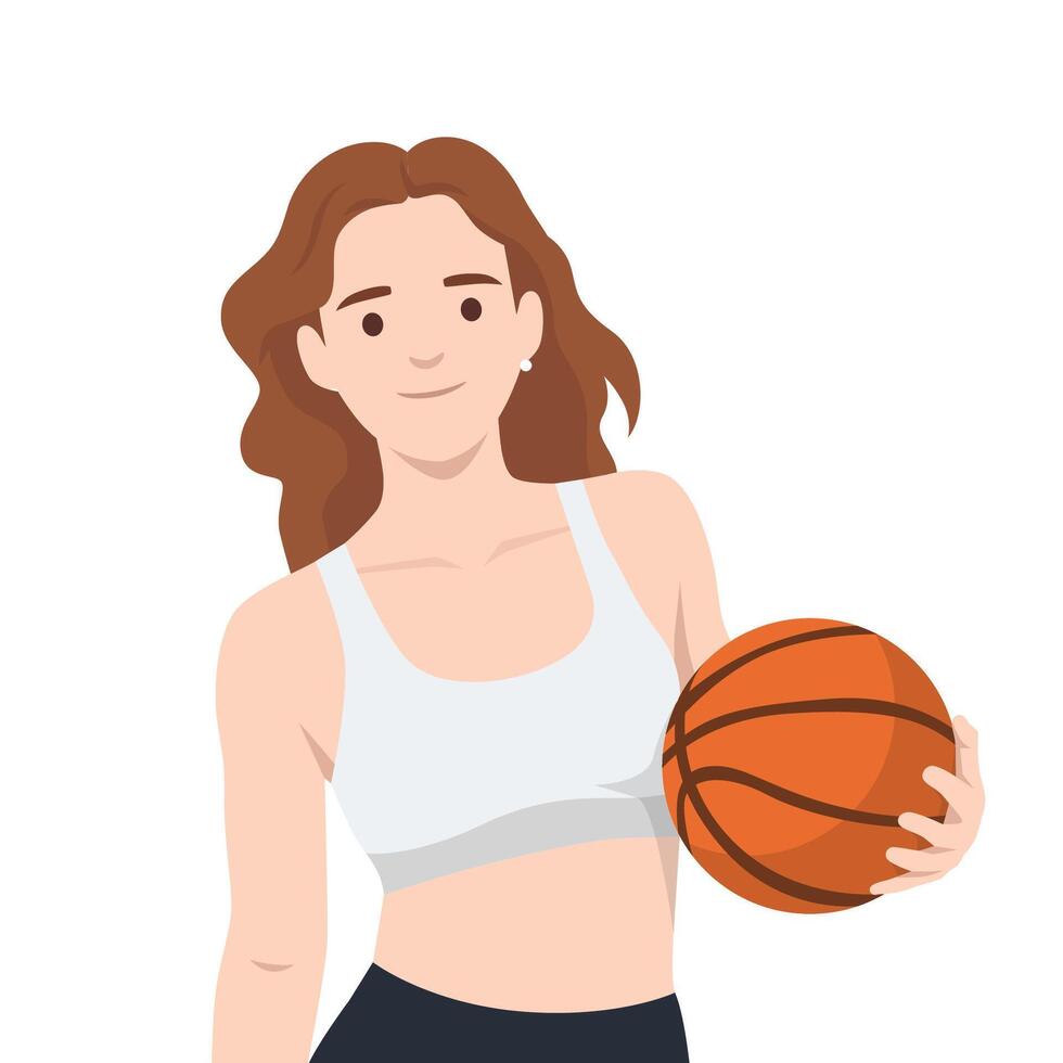 Young woman in athletic wear holds a basketball with a confident smile, ready for the game. vector