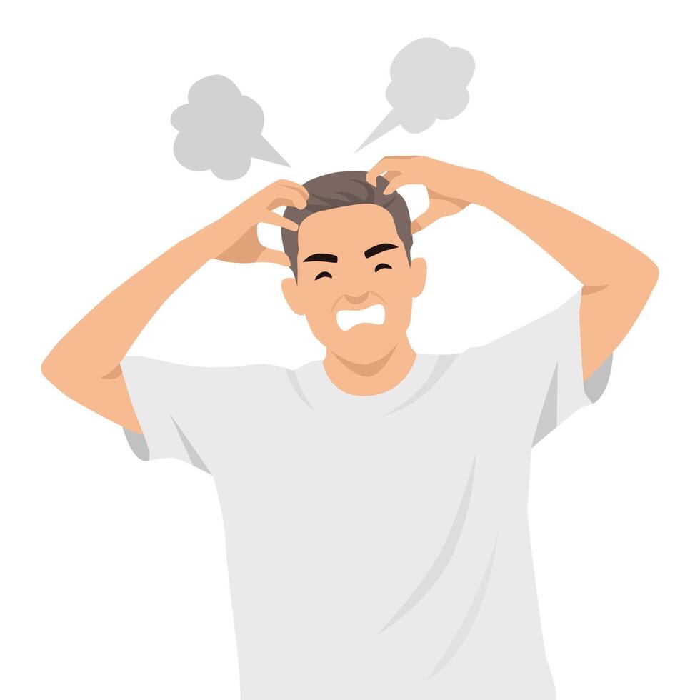 Man clutches his head in frustration, stress or anger rising as he reaches his breaking point. vector