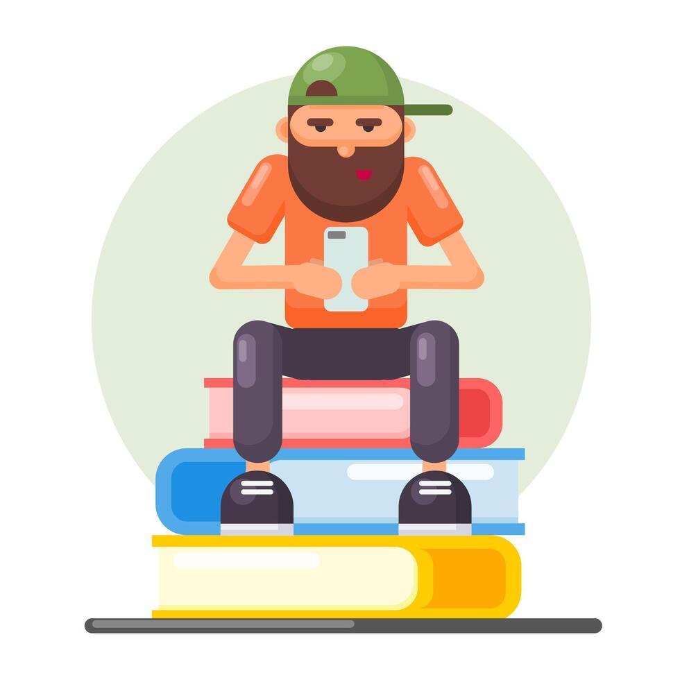 Man with his smartphone with big books, serious expression vector