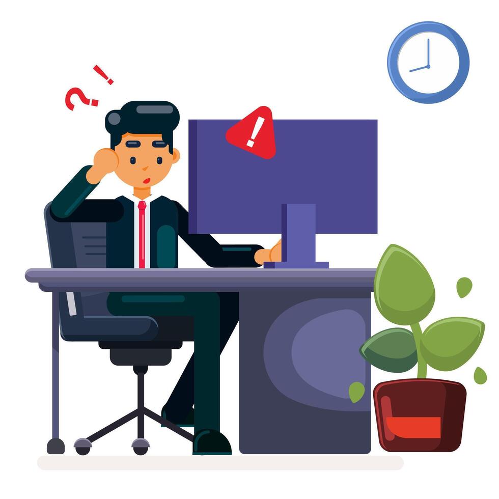 Businessman Working at Desk, businessman confused Flat Illustration vector