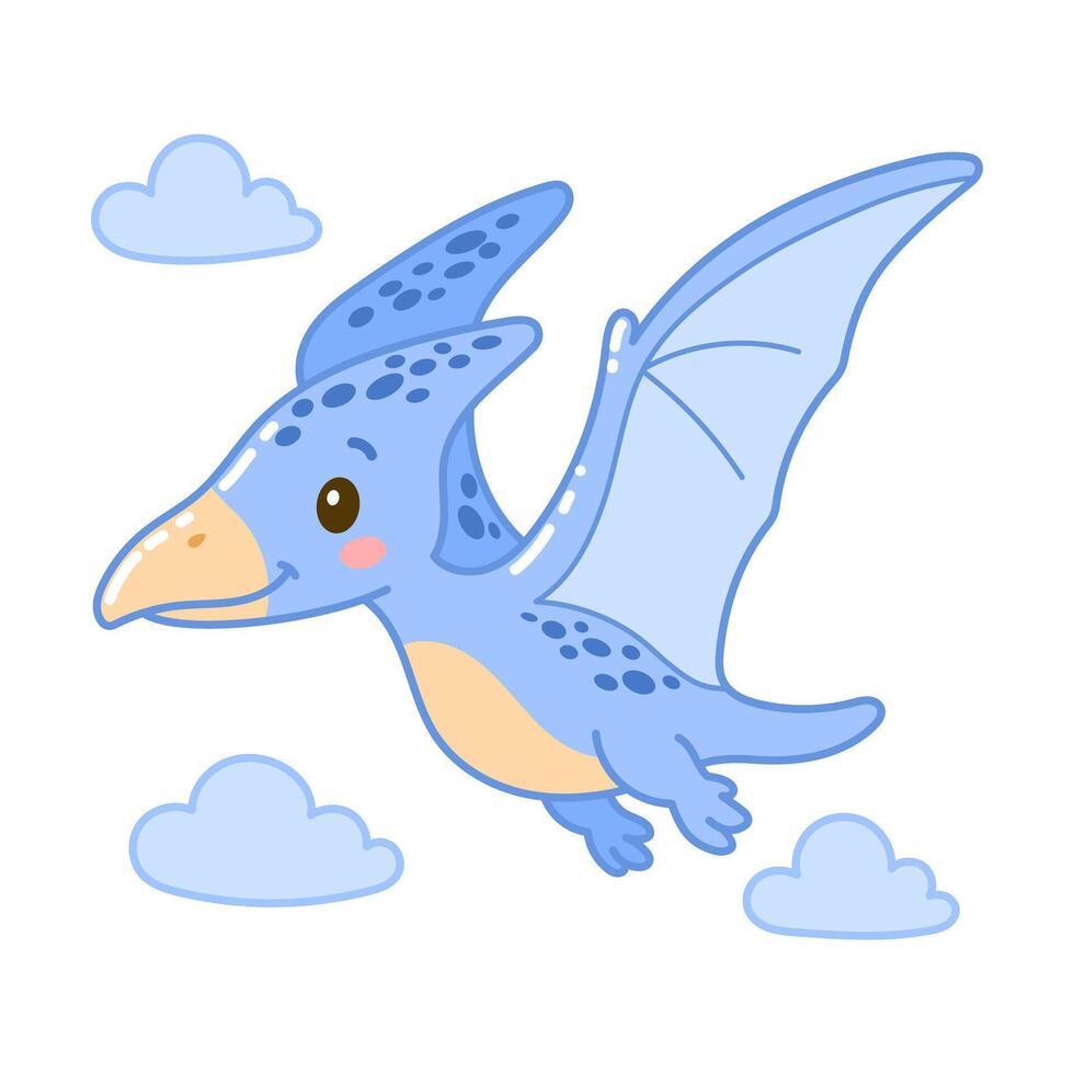 Cute flying blue cartoon pterodactyl with soft wings and smile, perfect for kids prints or decor vector