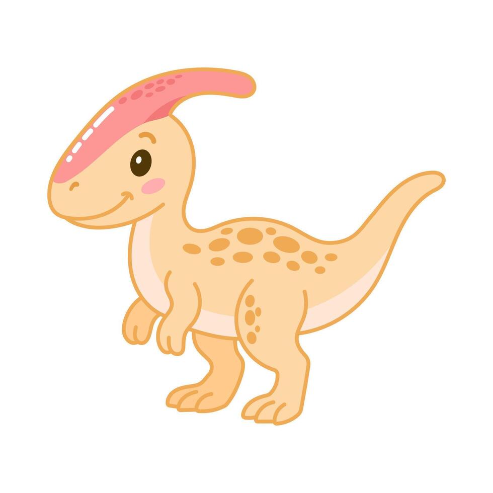 Smiling pastel parasaurolophus dinosaur with spots and head crest, ideal for childrens illustrations vector