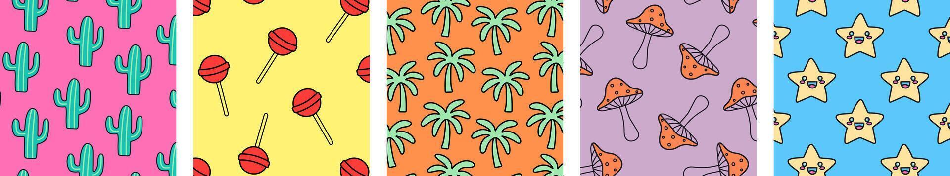Set of colorful illustrations featuring playful patterns with cacti, lollipops, palm trees, mushrooms, and smiling stars in vibrant color backgrounds, ideal for designs. vector