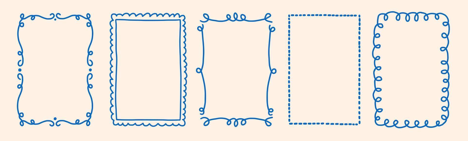 Rectangle and oval wavy scallop frame in doodle trendy vintage style. Border with elegant outline loop for greeting cards. vector