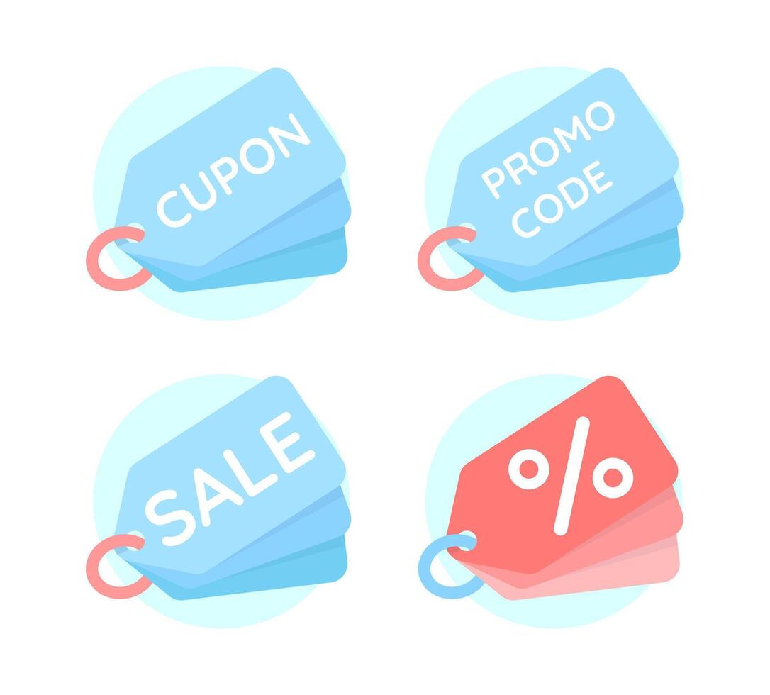 Blue promo code, discount, sale iocns set on a white background. Flat design illustration. graphics vector