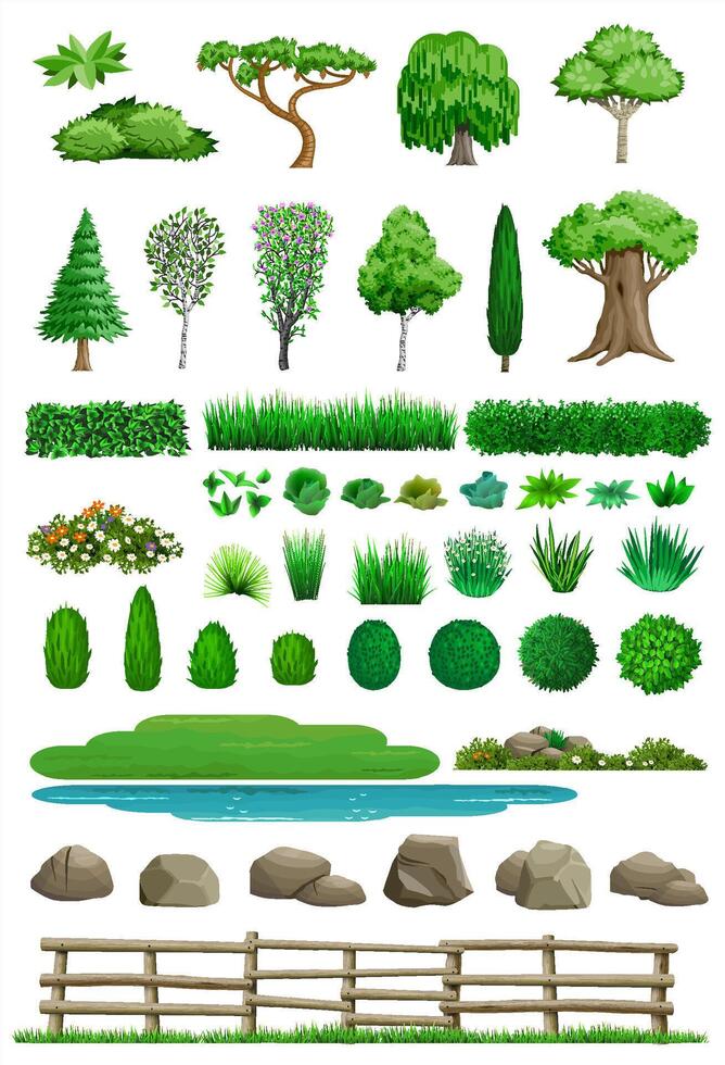 Set of trees bushes and stones vector