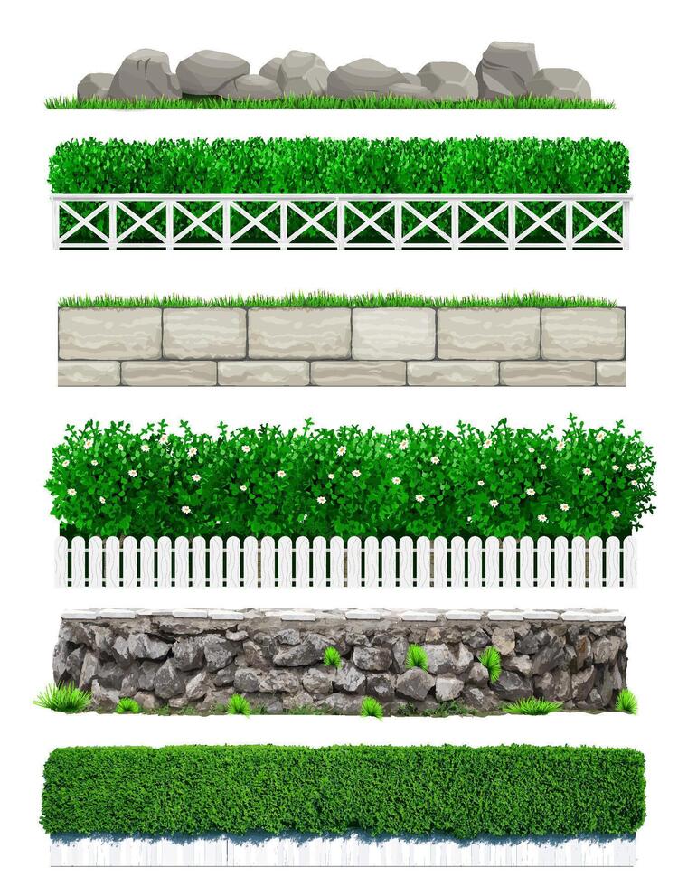 Set of stone wall green fences vector