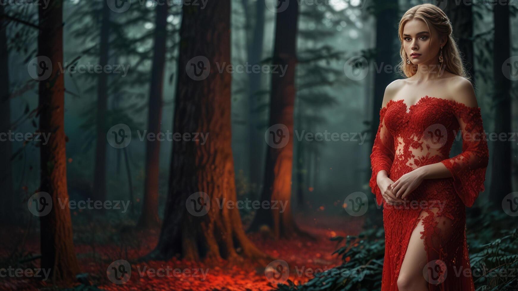 girl in a red dress in the middle of a mystical forest photo