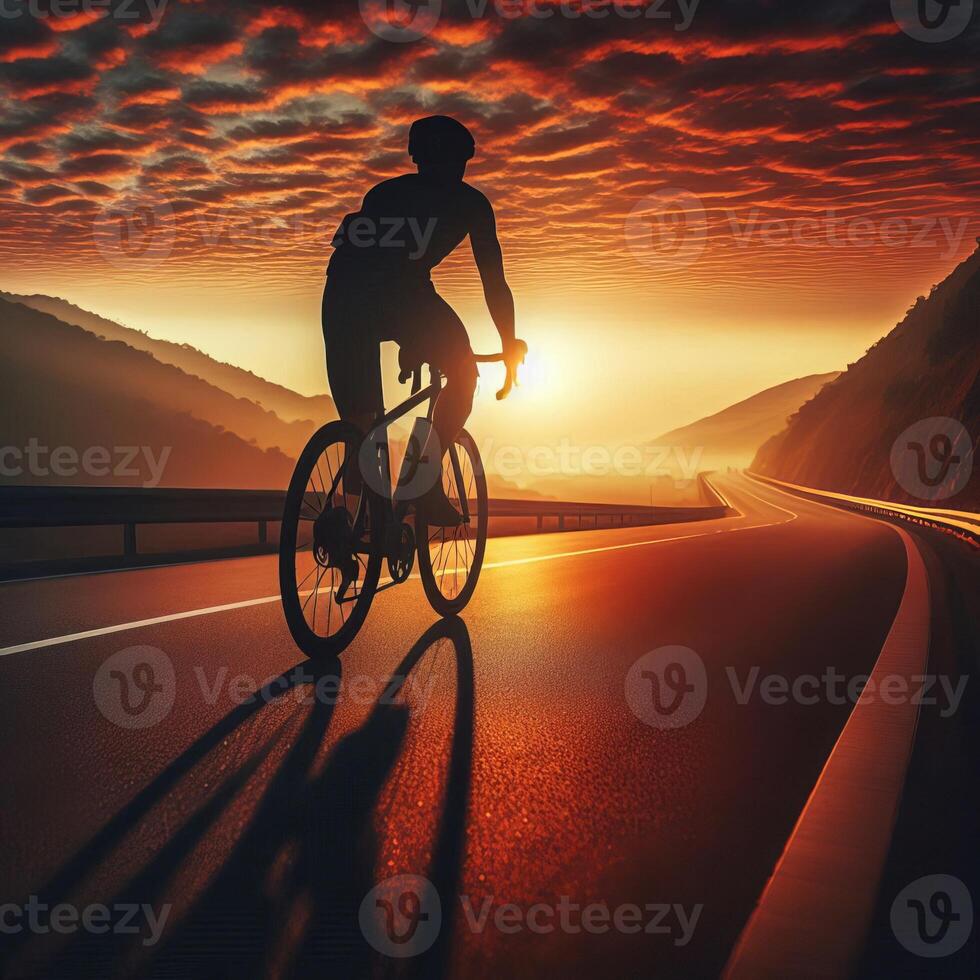 silhouette of cyclist on asphalt road walking through landscape at sunset photo