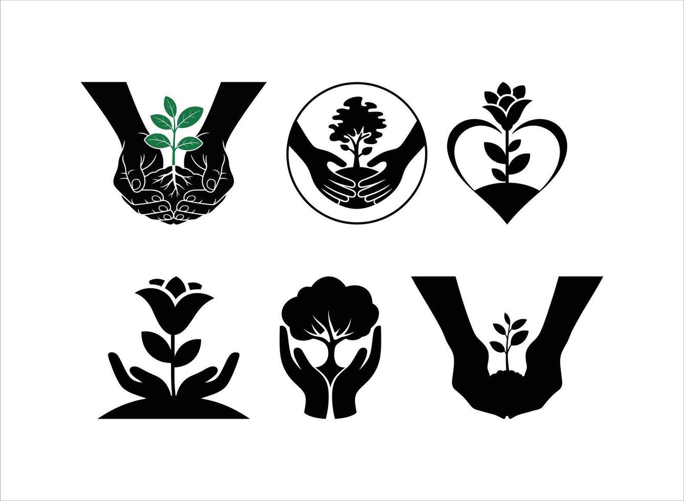 Hands Planting Tree Silhouette Pack, Nature Care vector