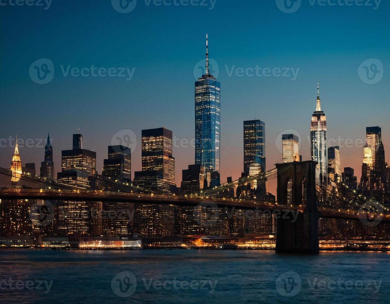 view of the evening city with skyscrapers against the background of the bridge over the river photo