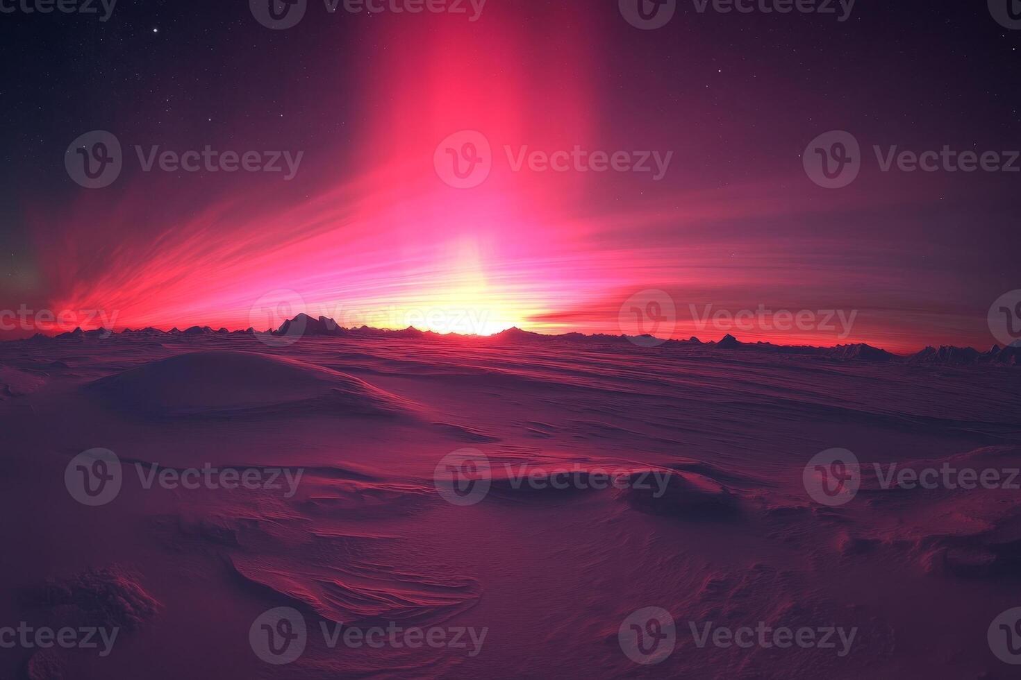 Pink aurora borealis, northern lights over ice landscape photo