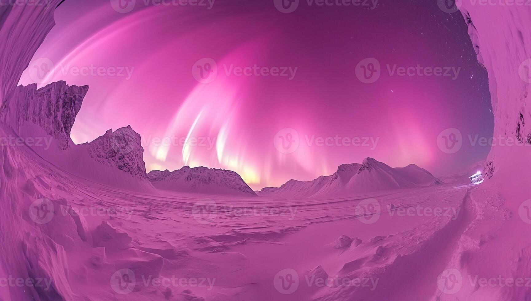 Pink aurora borealis, northern lights over snow landscape photo