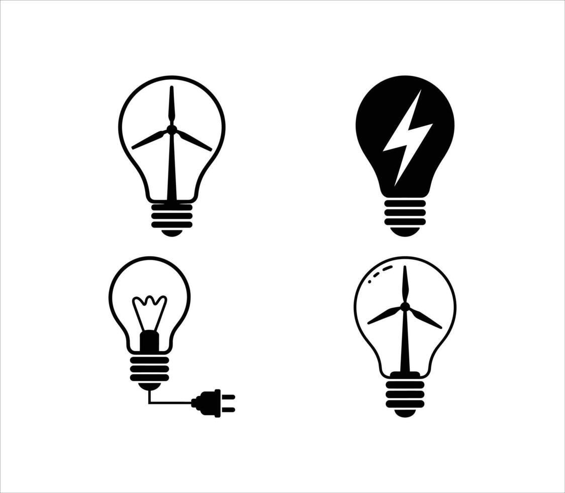 Wind Turbine Light Bulb Silhouettes, Renewable Energy and Green Tech vector