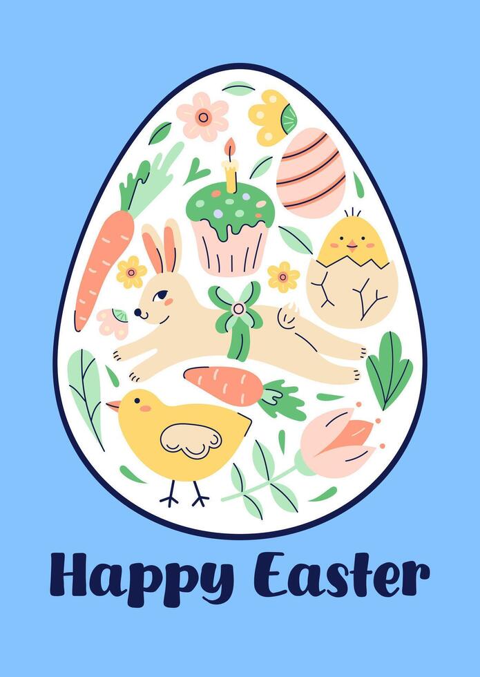 Happy Easter Egg Shape Pattern With Bunny, chicken And Flowers. Design with text on blue background. Greeting hand drawn card. Flat illustration with partial outline. illustration. vector