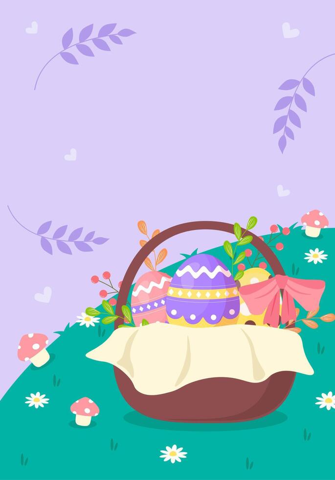 Happy Easter greeting card. Basket with Easter egg and flowers, illustration vector