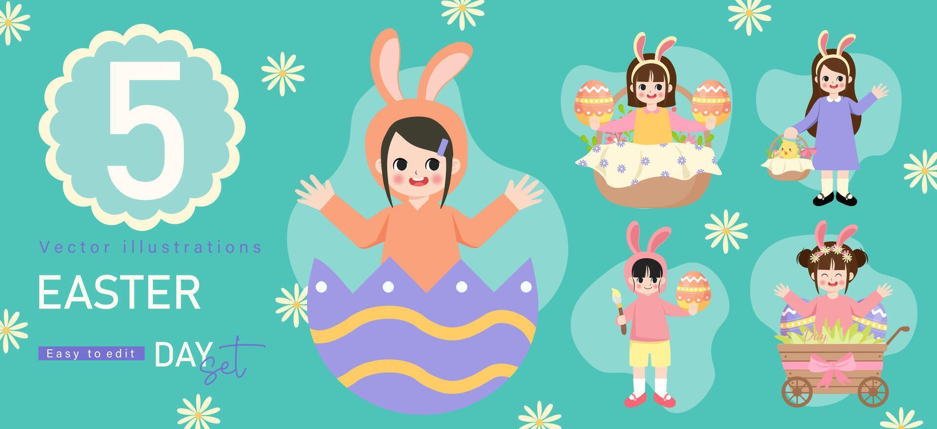 Happy Easter Set. designs for spring holidays. Cute congratulations with painted easter eggs, rabbits, bunnies, festive cakes. Colored flat illustrations vector