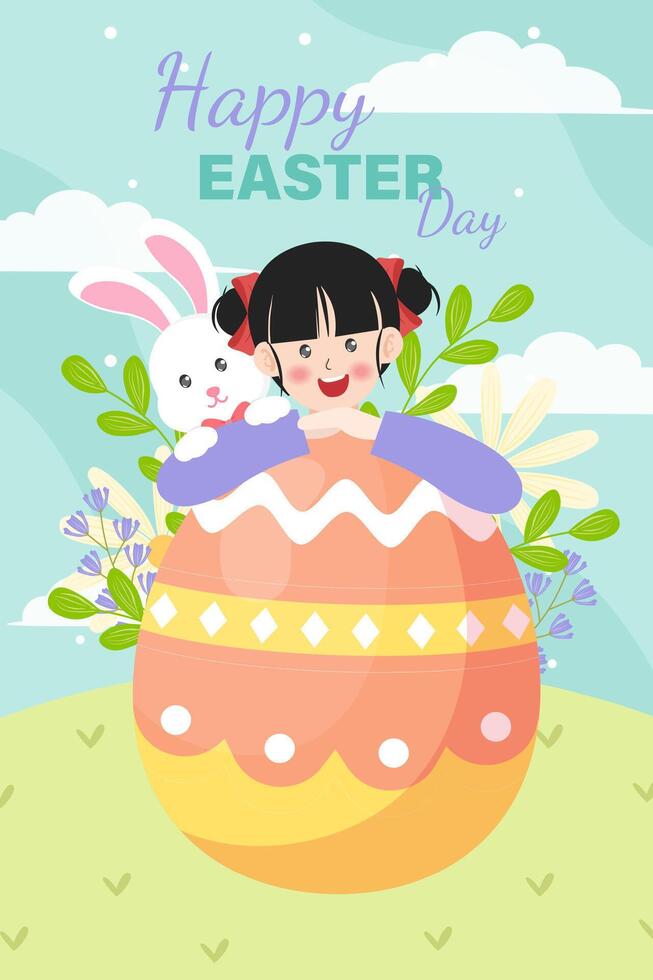 cartoon illustration of three easter cards in a trendy flat style with spring flowers, eggs, and rabbit. Bright color palette vector
