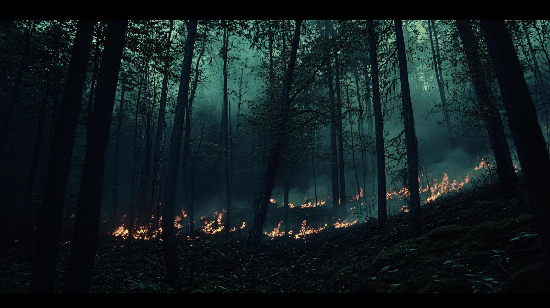 A forest scene with wildfires burning at the ground level photo