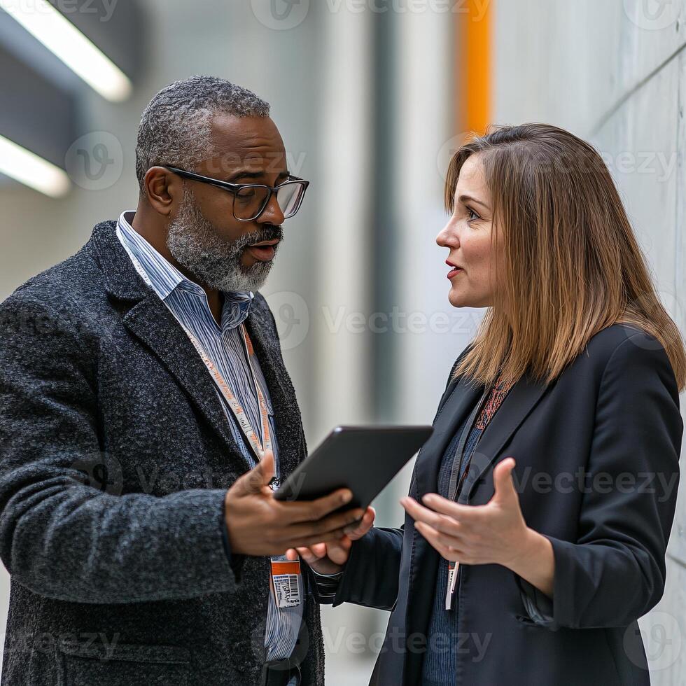 Two professionals discussing and looking at a digital tablet device photo