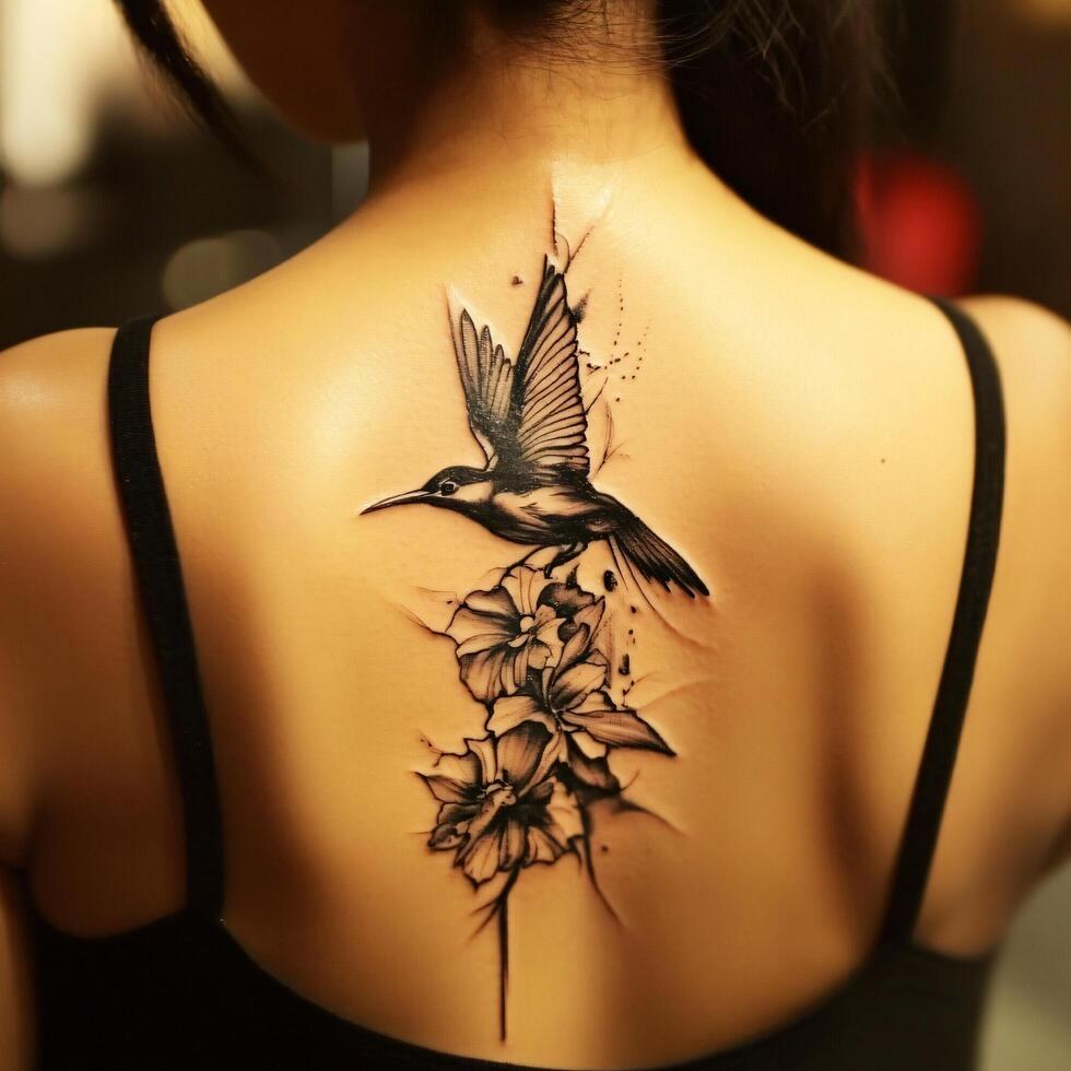 An artistic tattoo design featuring a bird and floral elements photo