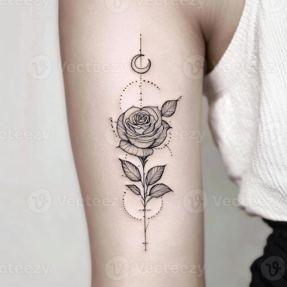 Detailed illustration of a rose flower with moon symbols and dots photo