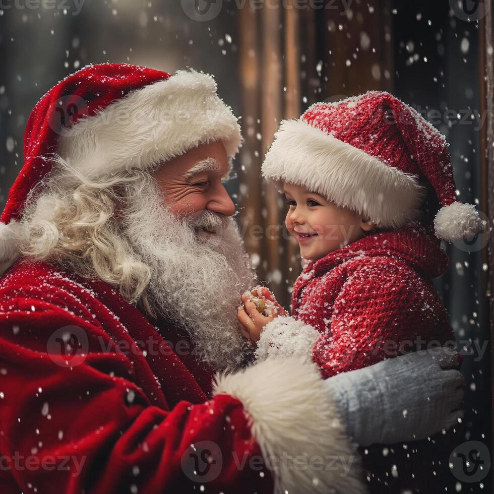 Santa Claus smiles at a child during the winter snow photo