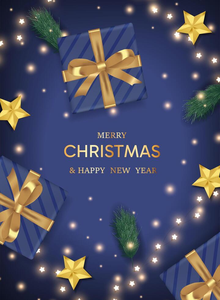 Christmas border with gift box, fir branches and decoration ornaments elements on red background. Bright Christmas and New Year background light garlands, gold confetti. illustration vector