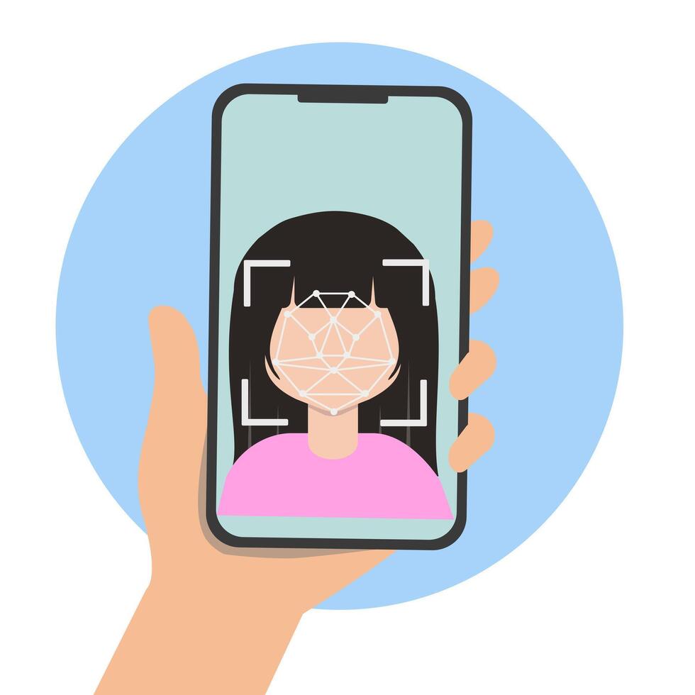 Man or woman using biometric identification scan face recognition with mobile phone. cyber security KYC concept vector