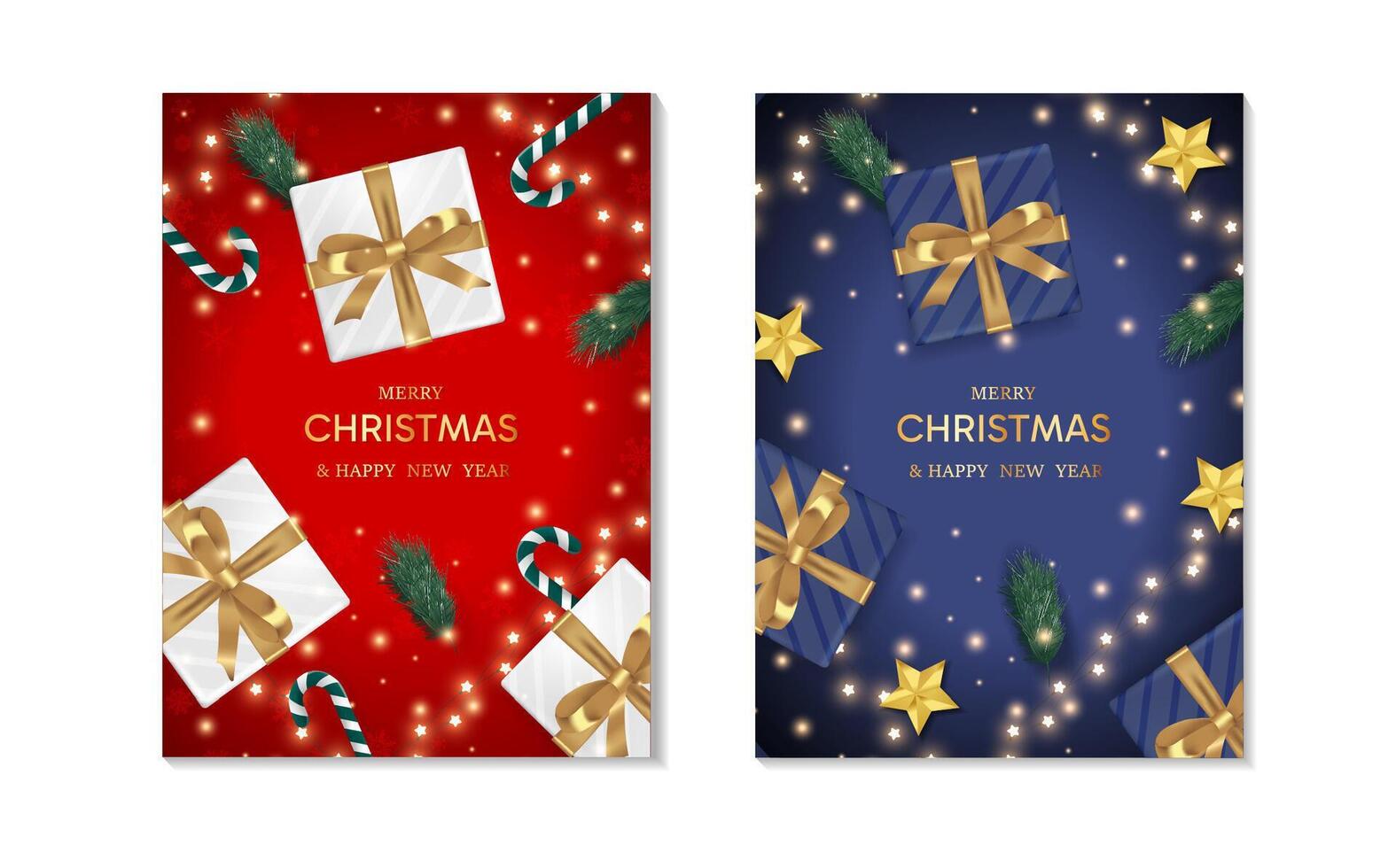 Christmas border with gift box, fir branches and decoration ornaments elements set on red and blue background. Bright Christmas and New Year background light garlands. illustration vector