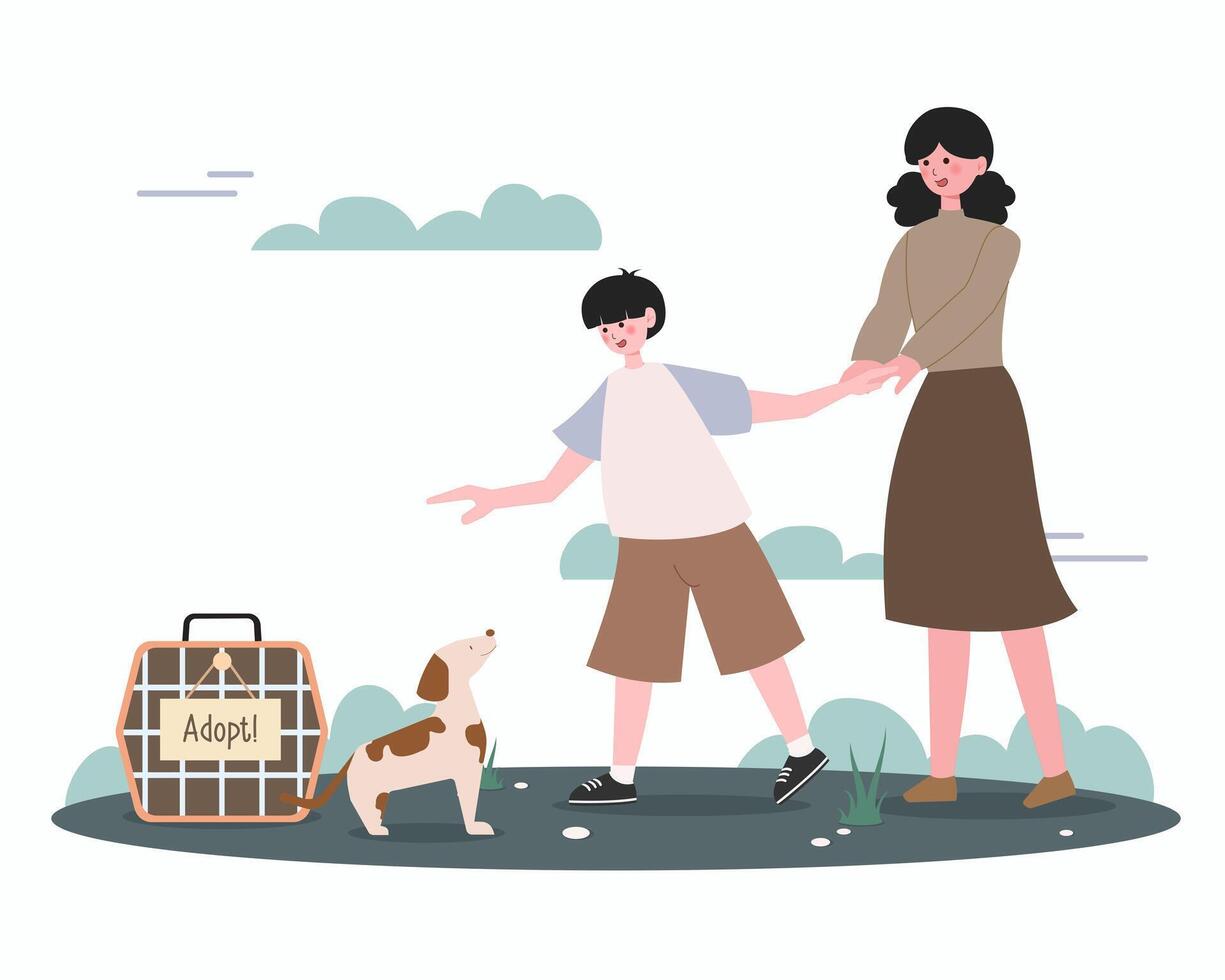 Happy mother and son caress dog adopt animal from shelter. Smiling mom and child take pet from animal center for homeless dogs. Puppy adoption. illustration vector