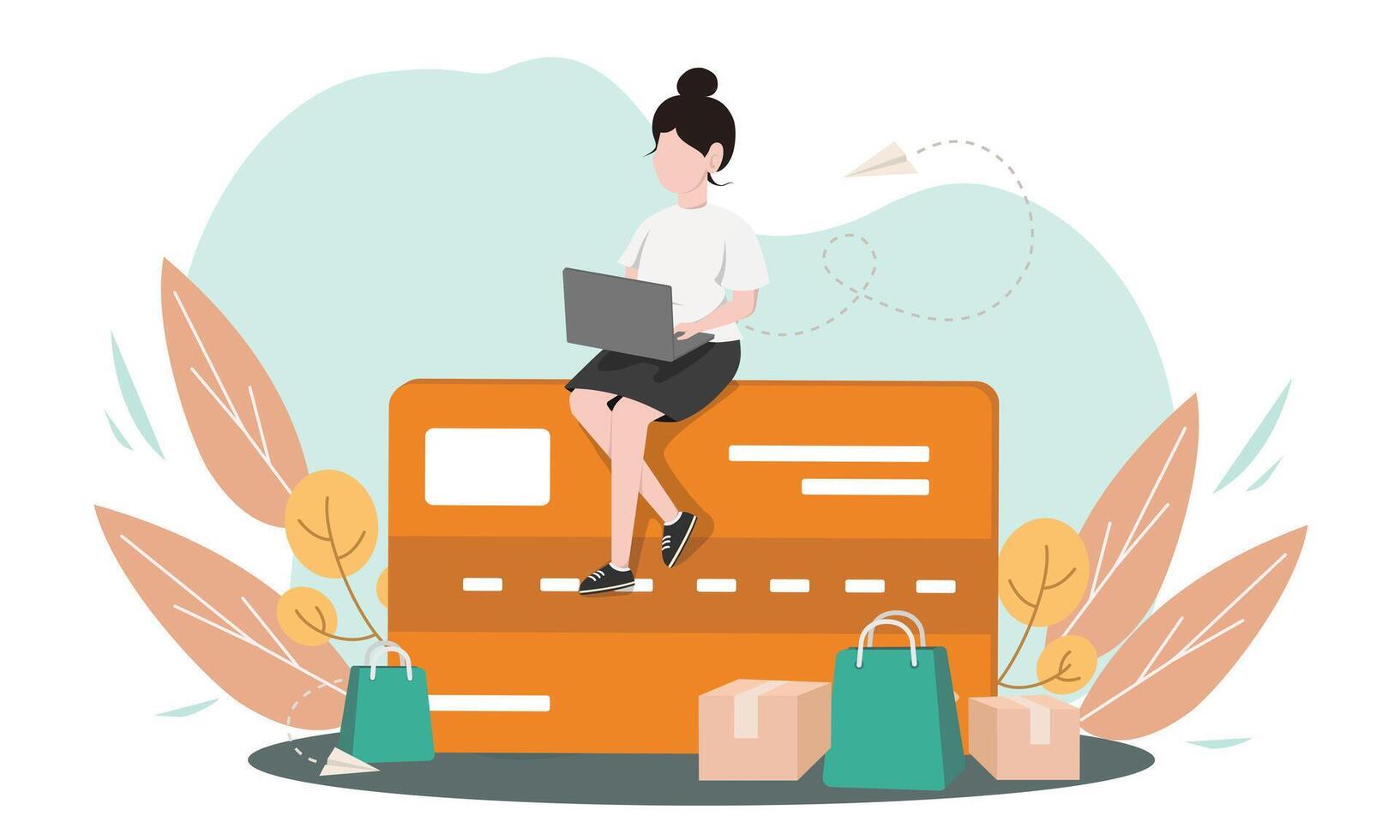 Digital payment an E wallet, online transaction with woman using laptop computer for online shopping. Credit card cashless purchase concept. illustration vector