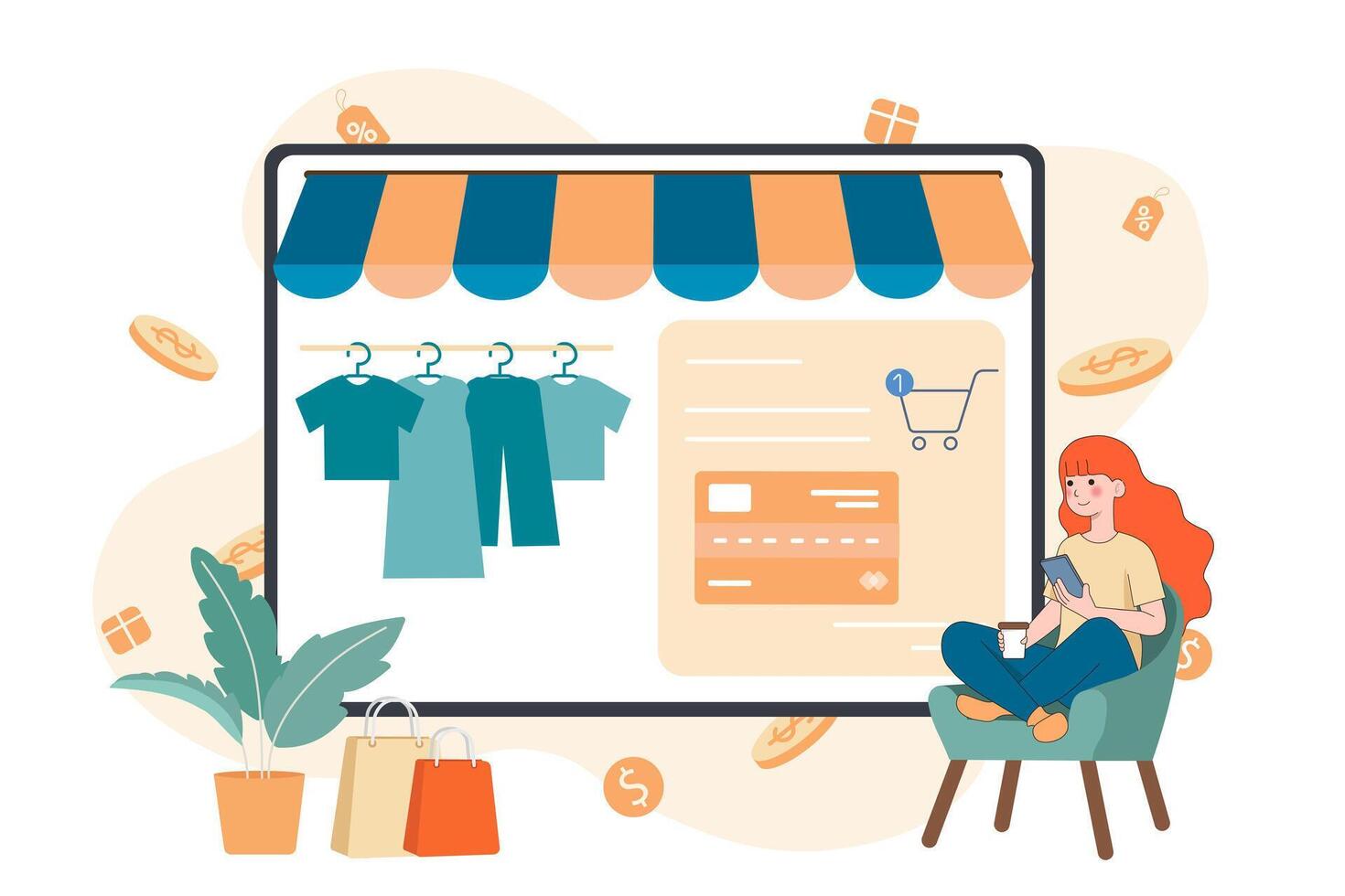 Young woman sitting on a cozy couch with smartphone and purchasing fashion cloths, Payment Using Credit Card Pay On Mobile Phone. Online payment mobile for shopping online. illustration. vector