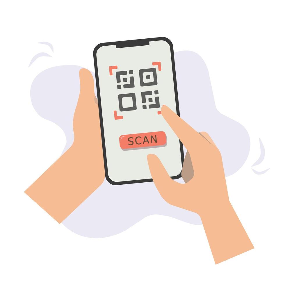 Scan QR code to Mobile Phone. hands holding mobile phone scanning qr code icon. cashless contactless payment technology and business concept. illustration isolated on white background vector