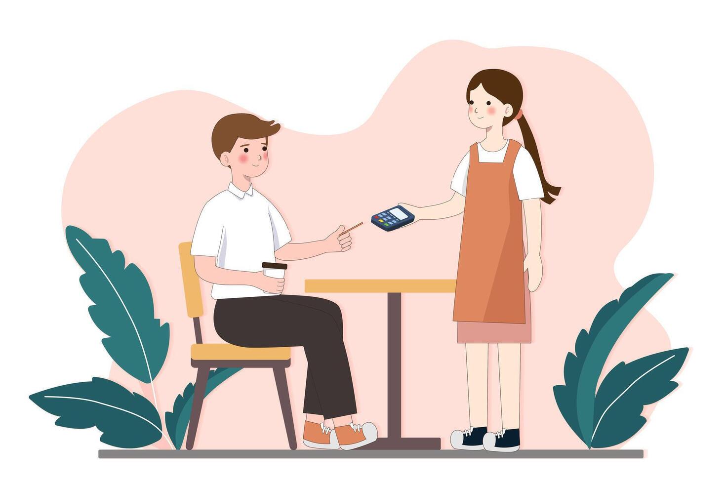 Customer pay with credit card and POS terminal in coffee shop. Cashless contactless payment NFC banking system. Wireless transaction. illustration vector