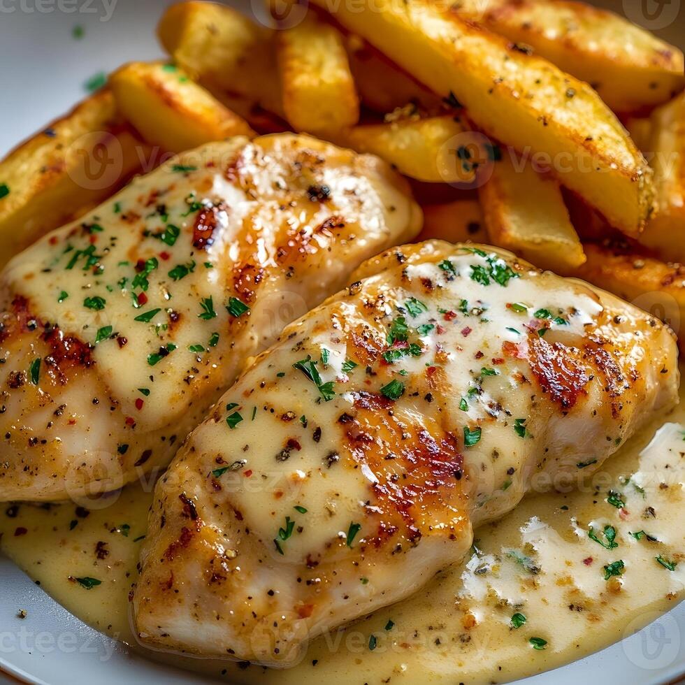 Grilled Chicken with Creamy Sauce and Crispy Fries photo