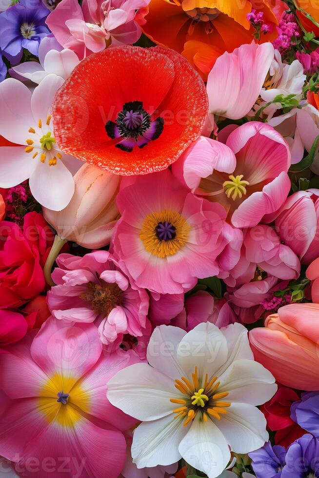 Close-Up of Vibrant Poppies, Peonies, Roses, and Tulips photo