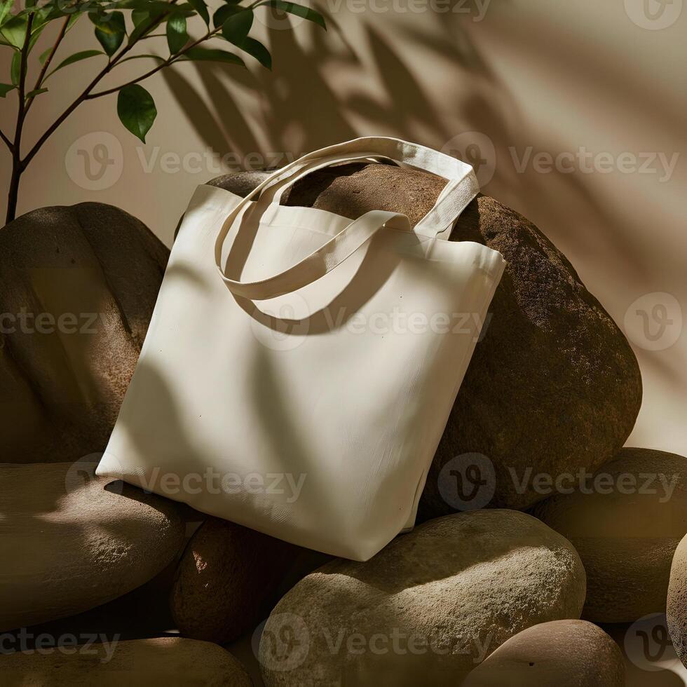 Cream Canvas Tote on Earthy Stones photo