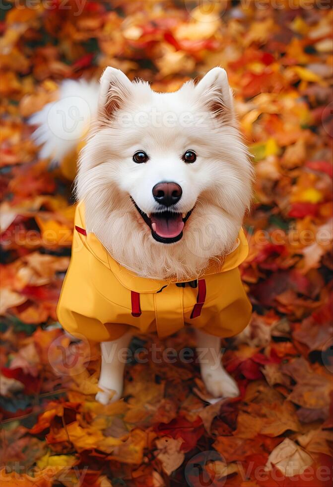 Fluffy Samoyed in Yellow Raincoat Amidst Autumn Leaves photo