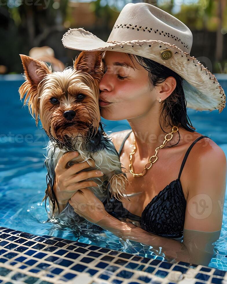 Woman with Cowboy Hat and Wet Yorkie photo