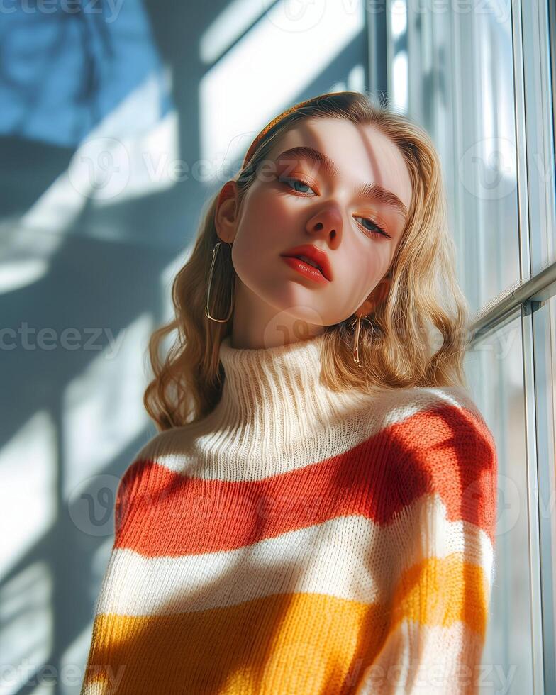 Woman in Striped Knit Sweater with Soft Sunlight photo