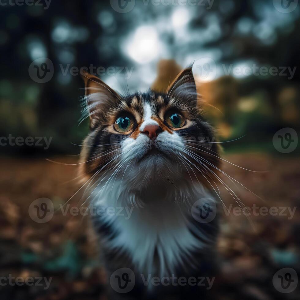 Curious Fluffy Cat with Teal Eyes in Misty Forest photo